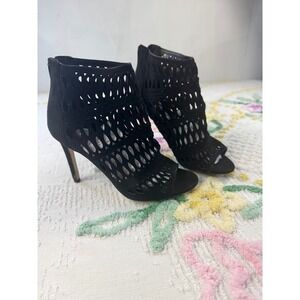 ALDO Black Suede Leather Peep Toe Laser Cutout Heeled Ankle Booties 7W